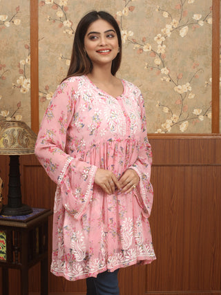 GULBAHAR REVERIE – Rose Georgette Top with All-Over Lucknowi Embroidery