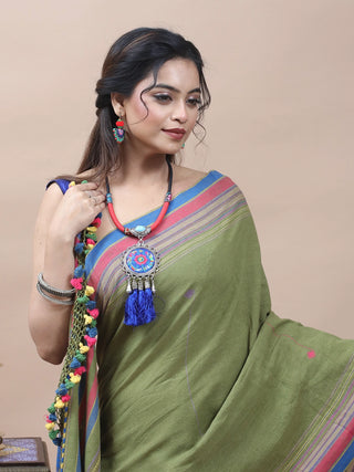 Olive Green Bhujodi Kala Cotton Saree with Vibrant Woven Pallu