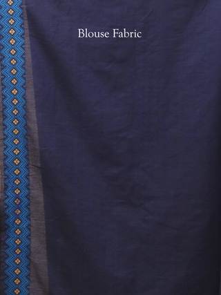 Midnight Blue Assam Cotton Saree with Heritage Assamese Geometric Weaving and Matching Woven Blouse Piece