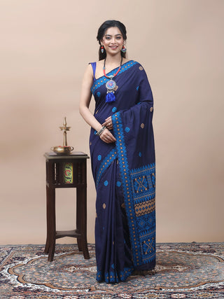 Midnight Blue Assam Cotton Saree with Heritage Assamese Geometric Weaving and Matching Woven Blouse Piece