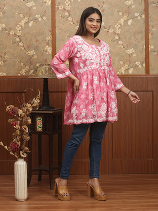 NOOR-E-CHIKAN – Candy Pink Cotton Top with Lucknowi Ghas Patti Detailing