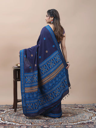 Midnight Blue Assam Cotton Saree with Heritage Assamese Geometric Weaving and Matching Woven Blouse Piece