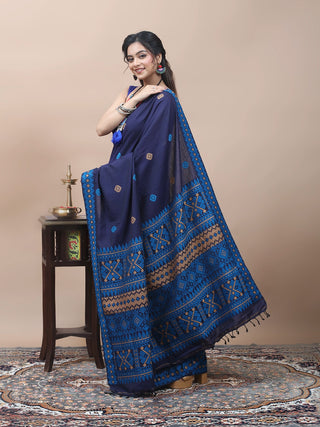 Midnight Blue Assam Cotton Saree with Heritage Assamese Geometric Weaving and Matching Woven Blouse Piece