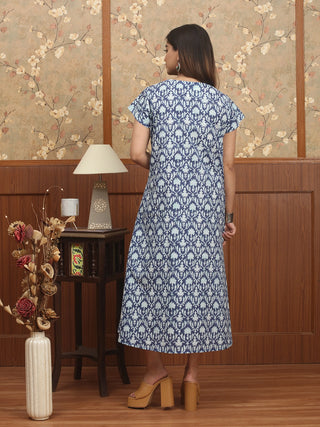 Aqua Heritage – Sanganeri Block Print A-Line Dress with Gujarati Embroidered Yoke
