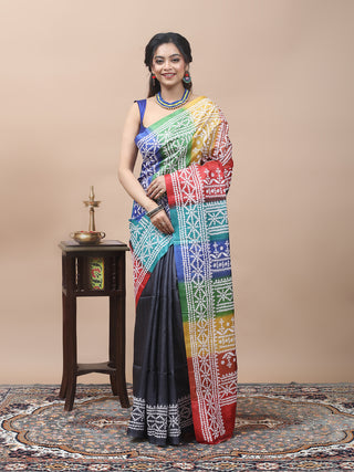 Charcoal Black & Multicolour Half-and-Half Pure Tussar Silk Saree with Hand Gujarati Embroidery