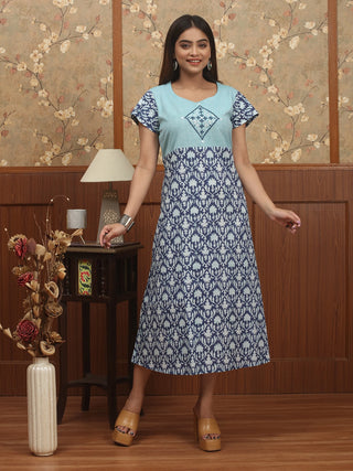 Aqua Heritage – Sanganeri Block Print A-Line Dress with Gujarati Embroidered Yoke