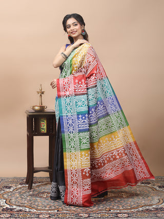 Charcoal Black & Multicolour Half-and-Half Pure Tussar Silk Saree with Hand Gujarati Embroidery