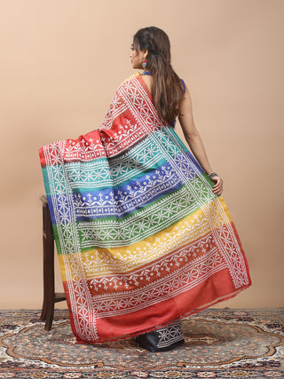 Charcoal Black & Multicolour Half-and-Half Pure Tussar Silk Saree with Hand Gujarati Embroidery