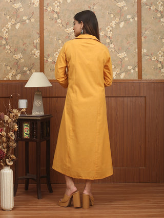 Mustard Story – Andhra Cotton A-Line Dress with Hand Madhubani Painted Yoke