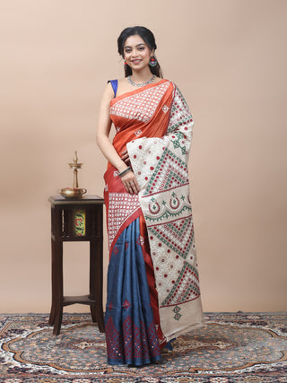 Slate Blue, Rust & Ivory Pure Tussar Silk Saree with Hand Gujarati Embroidery