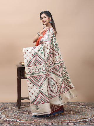 Slate Blue, Rust & Ivory Pure Tussar Silk Saree with Hand Gujarati Embroidery