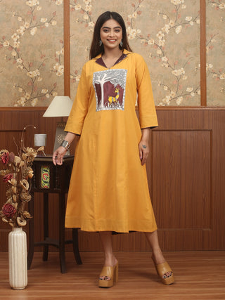 Mustard Story – Andhra Cotton A-Line Dress with Hand Madhubani Painted Yoke