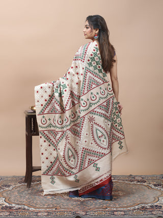 Slate Blue, Rust & Ivory Pure Tussar Silk Saree with Hand Gujarati Embroidery