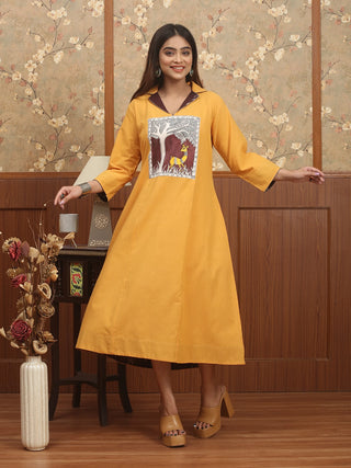 Mustard Story – Andhra Cotton A-Line Dress with Hand Madhubani Painted Yoke