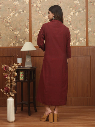 Maroon Forest Tale – Andhra Cotton A-Line Dress with Hand Madhubani Painted Yoke