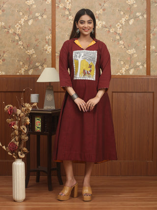 Maroon Forest Tale – Andhra Cotton A-Line Dress with Hand Madhubani Painted Yoke