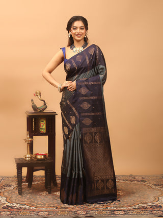 Slate Grey and Deep Aubergine Pure Kanchipuram Soft Silk Saree with Antique Gold Woven Pallu