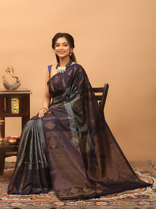 Slate Grey and Deep Aubergine Pure Kanchipuram Soft Silk Saree with Antique Gold Woven Pallu