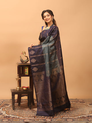 Slate Grey and Deep Aubergine Pure Kanchipuram Soft Silk Saree with Antique Gold Woven Pallu