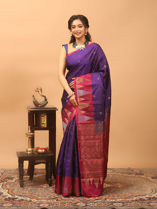 Royal Purple Kanchipuram Soft Silk Saree with Rani Pink Temple Border & Antique Gold Zari Pallu