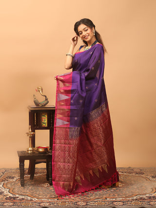 Royal Purple Kanchipuram Soft Silk Saree with Rani Pink Temple Border & Antique Gold Zari Pallu