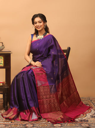 Royal Purple Kanchipuram Soft Silk Saree with Rani Pink Temple Border & Antique Gold Zari Pallu