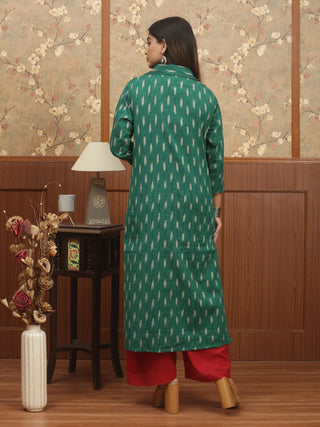 Emerald Green Ikkat Cotton Shirt Collar Kurti with Banarasi Brocade Yoke