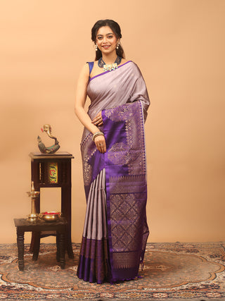 Silver Mauve and Royal Purple Pure Kanchipuram Soft Silk Saree