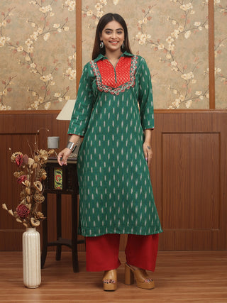 Emerald Green Ikkat Cotton Shirt Collar Kurti with Banarasi Brocade Yoke
