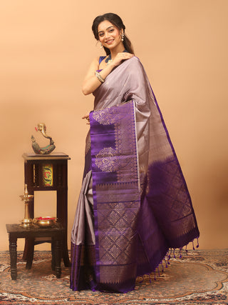 Silver Mauve and Royal Purple Pure Kanchipuram Soft Silk Saree