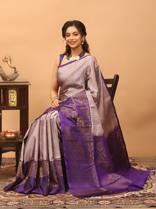 Silver Mauve and Royal Purple Pure Kanchipuram Soft Silk Saree