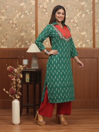 Emerald Green Ikkat Cotton Shirt Collar Kurti with Banarasi Brocade Yoke