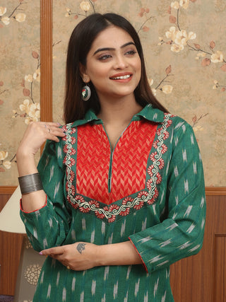 Emerald Green Ikkat Cotton Shirt Collar Kurti with Banarasi Brocade Yoke