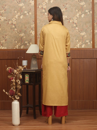 Golden Beige Glazed Cotton Kurti with Embroidered Front Panels
