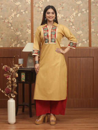 Golden Beige Glazed Cotton Kurti with Embroidered Front Panels