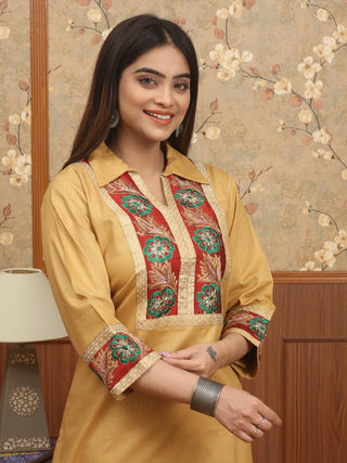Golden Beige Glazed Cotton Kurti with Embroidered Front Panels