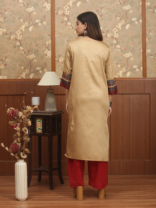 Dark Sandal Glazed Cotton Kurti with Banarasi Brocade Detailing