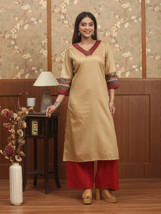 Dark Sandal Glazed Cotton Kurti with Banarasi Brocade Detailing