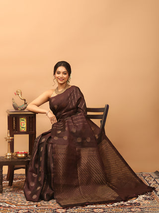 Chocolate Brown Pure Kanchipuram Soft Silk Saree