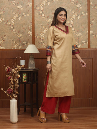 Dark Sandal Glazed Cotton Kurti with Banarasi Brocade Detailing
