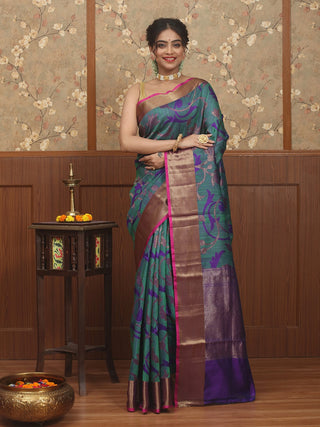Teal Green Banarasi Pure Dupion Silk Handloom Saree with Purple Floral Weaves and Antique Gold Zari Border