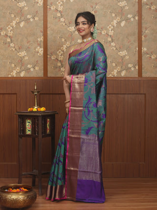 Teal Green Banarasi Pure Dupion Silk Handloom Saree with Purple Floral Weaves and Antique Gold Zari Border