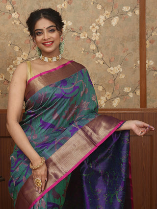 Teal Green Banarasi Pure Dupion Silk Handloom Saree with Purple Floral Weaves and Antique Gold Zari Border