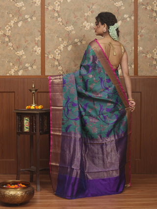Teal Green Banarasi Pure Dupion Silk Handloom Saree with Purple Floral Weaves and Antique Gold Zari Border
