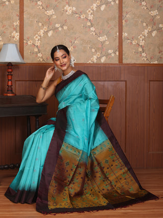 Teal Blue and Wine Pure Kanjivaram Silk Saree