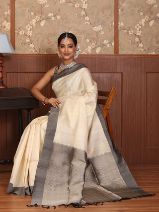 Cream and Grey Pure Kanjivaram Silk Saree