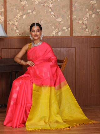Sunset Pink and Lemon Yellow Kanjivaram Silk Saree
