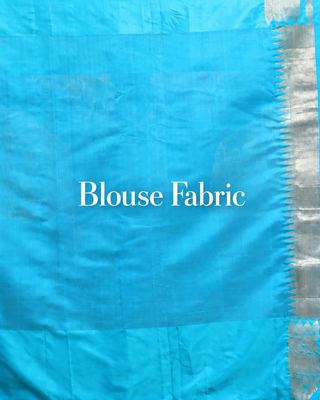 Royal Blue Pure Kora Banarasi Handloom Silk Saree with Silver Zari Floral Motifs and Turquoise Border