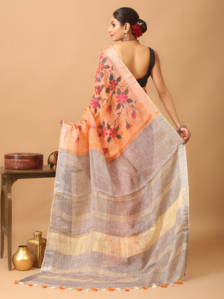 Peach Hand Painted Linen Saree