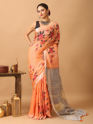 Peach Hand Painted Linen Saree